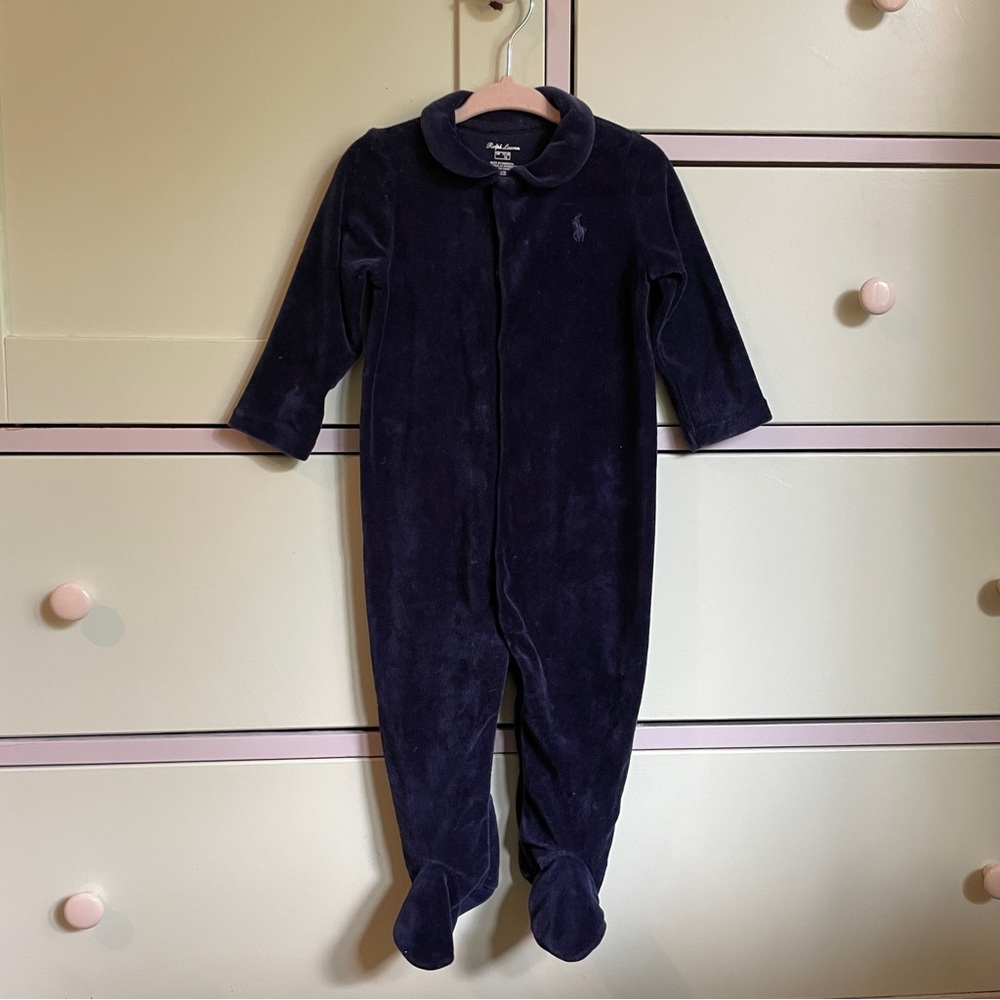 Polo Ralph Lauren Baby’s Velour Footie; 9 months; navy blue
